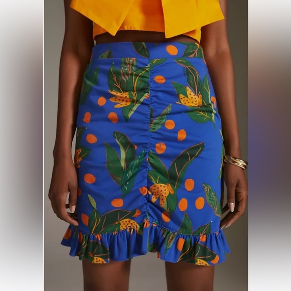 Anthropologie Farm Rio Ruched Mini Skirt Pencil tulip Tropical Flounced Small - Picture 1 of 9